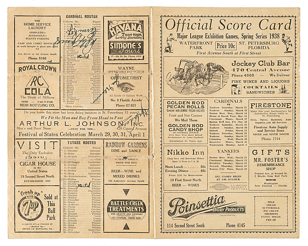 1938 New York Yankees vs. St. Louis Cardinals Multi-Signed Scorecard with Lefty Gomez, Dizzy Dean, and Red Ruffing
