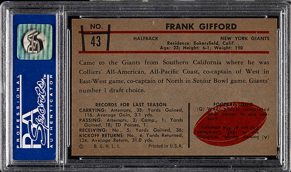 1953 Bowman Football #43 Frank Gifford Short Print PSA EX 5