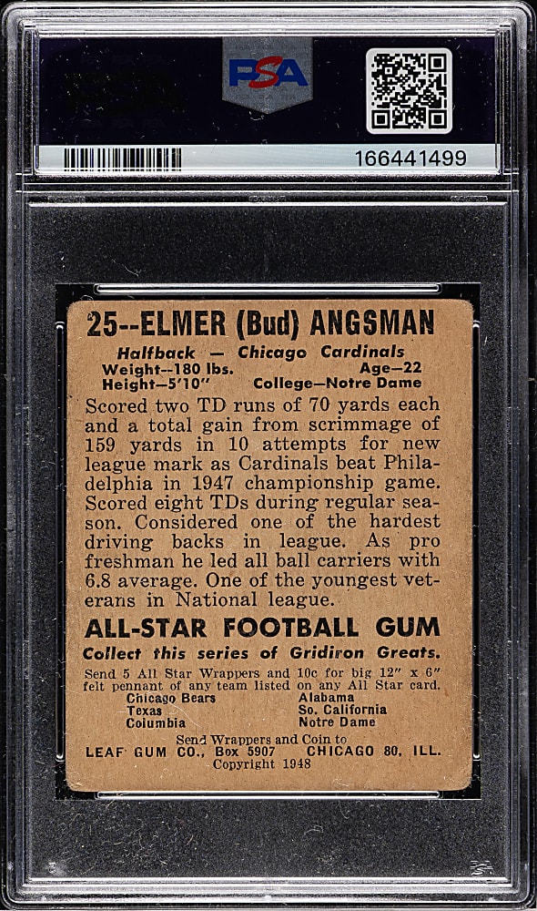 1948 Leaf Football #25 Bud Angsman White Name PSA GOOD 2