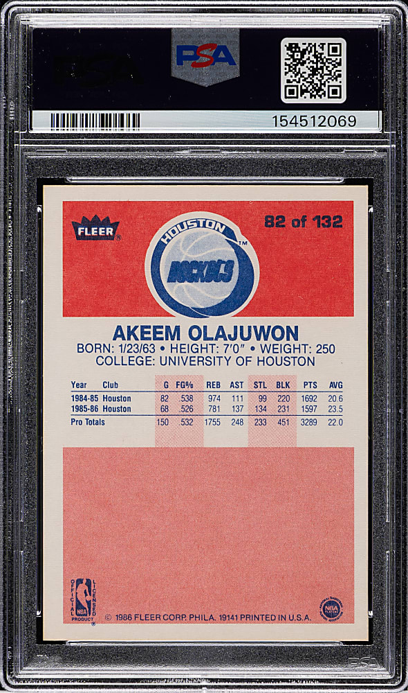 1986-1987 Fleer Basketball #82 Akeem Olajuwon Rookie PSA MINT 9