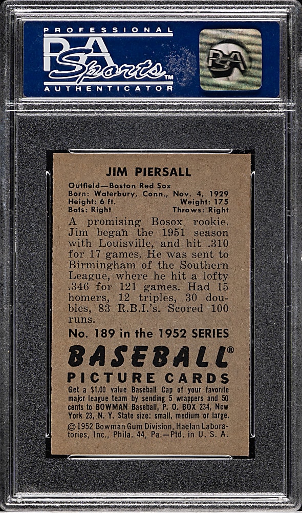 1952 Bowman #189 Jim Piersall PSA NM-MT 8