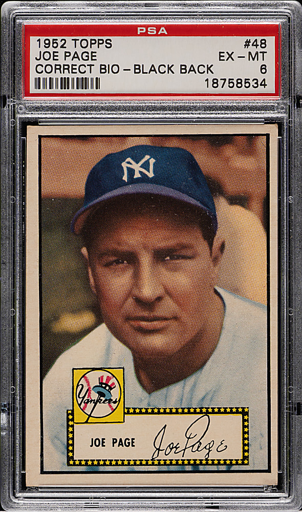 1952 Topps #48 Joe Page Correct Bio Black Back PSA EX-MT 6
