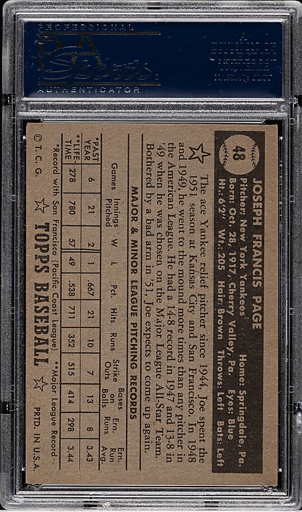 1952 Topps #48 Joe Page Correct Bio Black Back PSA EX-MT 6
