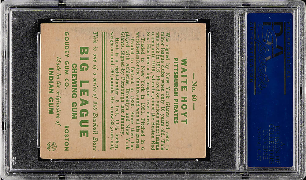 1933 R319 Goudey #60 Waite Hoyt PSA EX 5