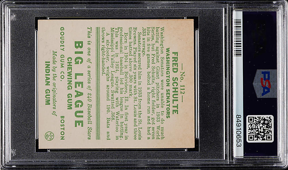 1933 R319 Goudey #112 Fred Schulte PSA EX-MT 6
