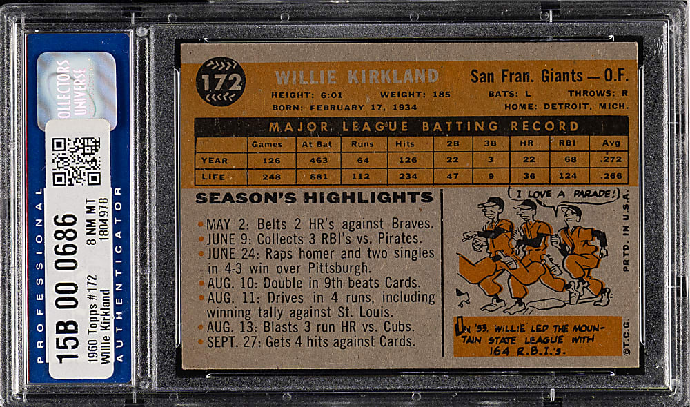 1960 Topps #172 Willie Kirkland PSA NM-MT 8