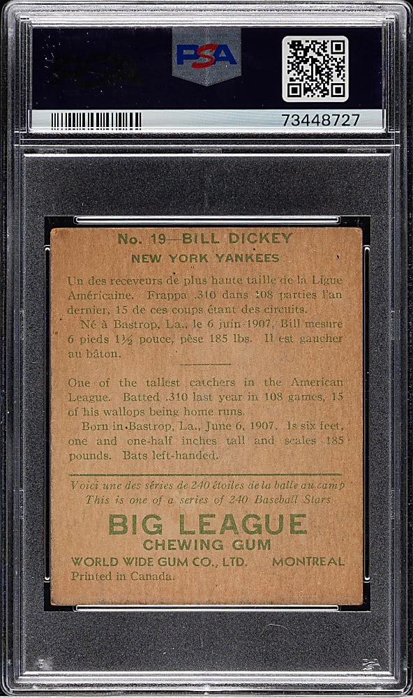 1933 V353 World Wide Gum Canadian Goudey #19 Bill Dickey PSA VG 3