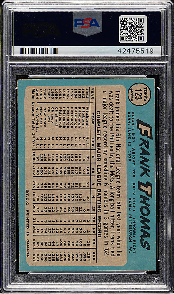 1965 O-Pee-Chee #123 Frank Thomas PSA MINT 9