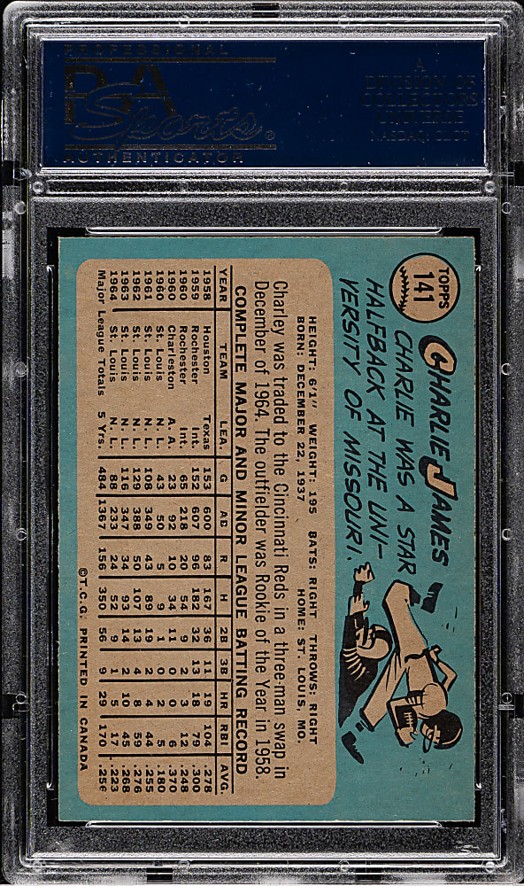 1965 O-Pee-Chee #141 Charlie James PSA MINT 9