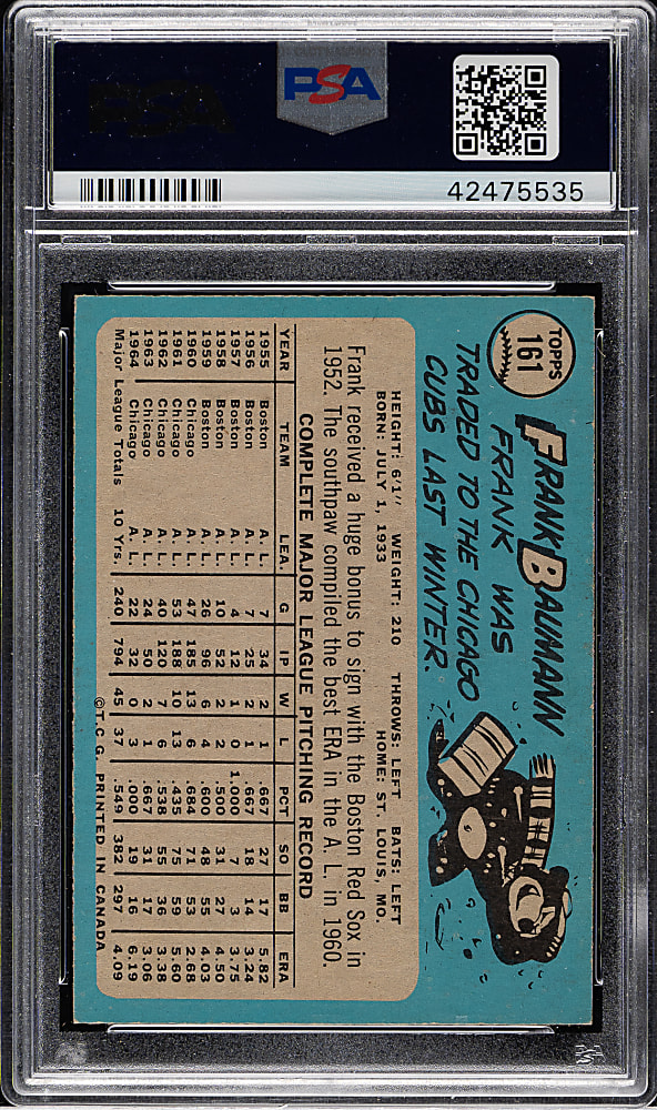 1965 O-Pee-Chee #161 Frank Baumann PSA MINT 9