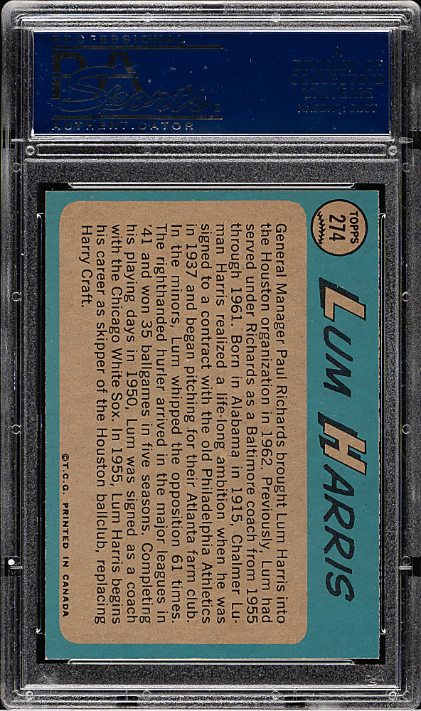 1965 O-Pee-Chee #274 Lum Harris PSA MINT 9