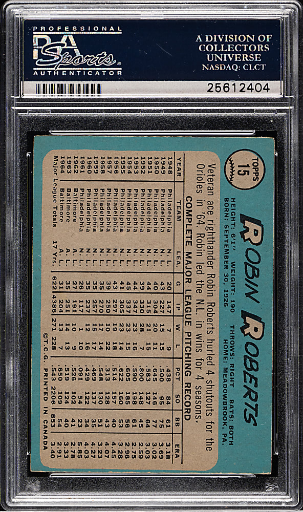1965 O-Pee-Chee #15 Robin Roberts PSA NM-MT 8