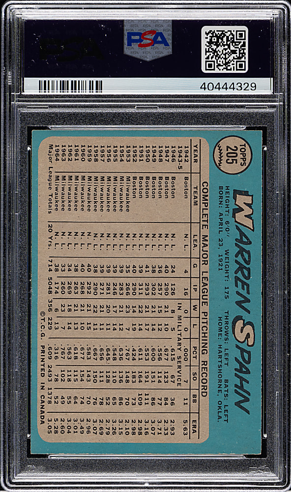 1965 O-Pee-Chee #205 Warren Spahn PSA NM-MT 8