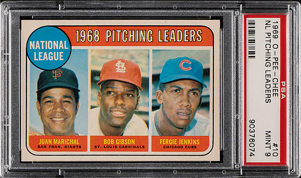 1969 O-Pee-Chee #10 NL Pitching Leaders with Juan Marichal, Bob Gibson, and Fergie Jenkins PSA MINT 9