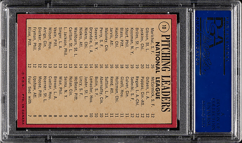 1969 O-Pee-Chee #10 NL Pitching Leaders with Juan Marichal, Bob Gibson, and Fergie Jenkins PSA MINT 9