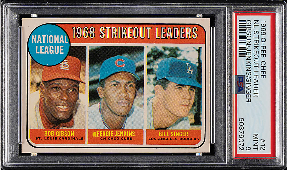 1969 O-Pee-Chee #12 NL Strikeout Leaders with Bob Gibson and Fergie Jenkins PSA MINT 9