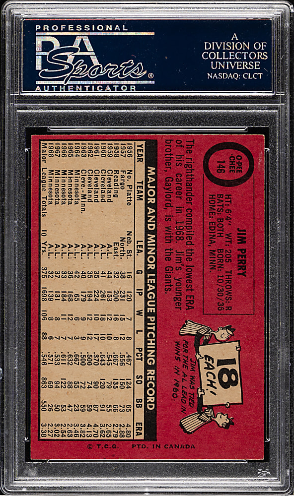1969 O-Pee-Chee #146 Jim Perry PSA MINT 9