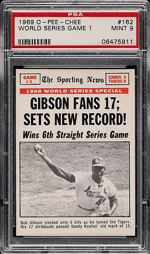 1969 O-Pee-Chee #162 World Series Game 1 with Bob Gibson PSA MINT 9