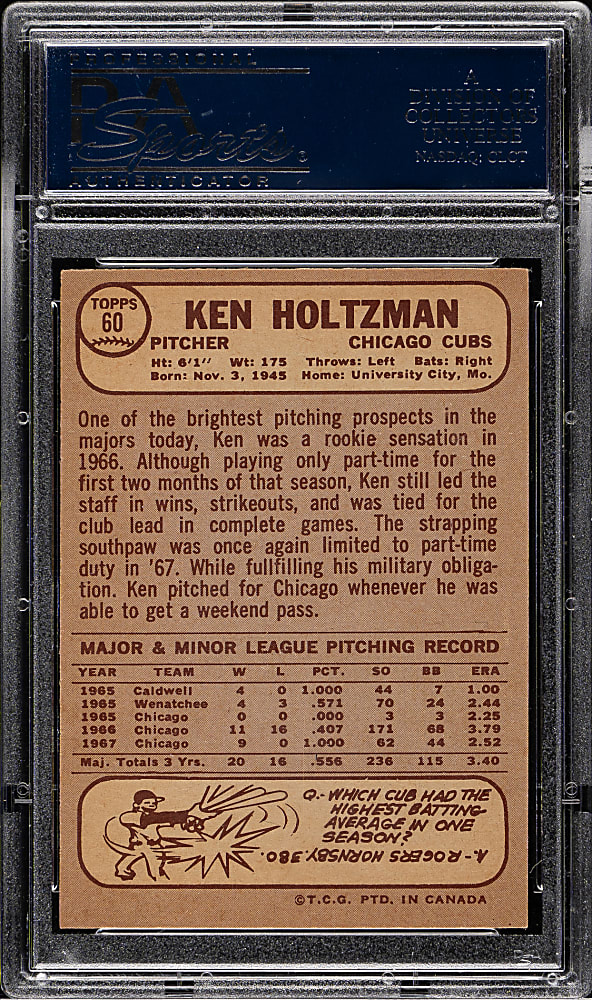 1968 O-Pee-Chee #60 Ken Holtzman PSA GEM MINT 10