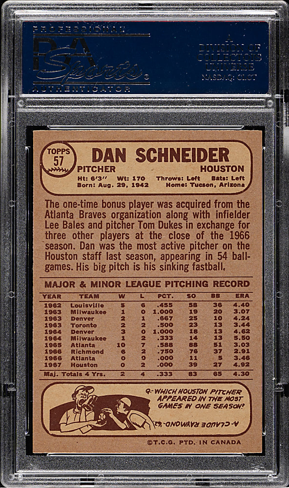 1968 O-Pee-Chee #57 Dan Schneider PSA GEM MINT 10