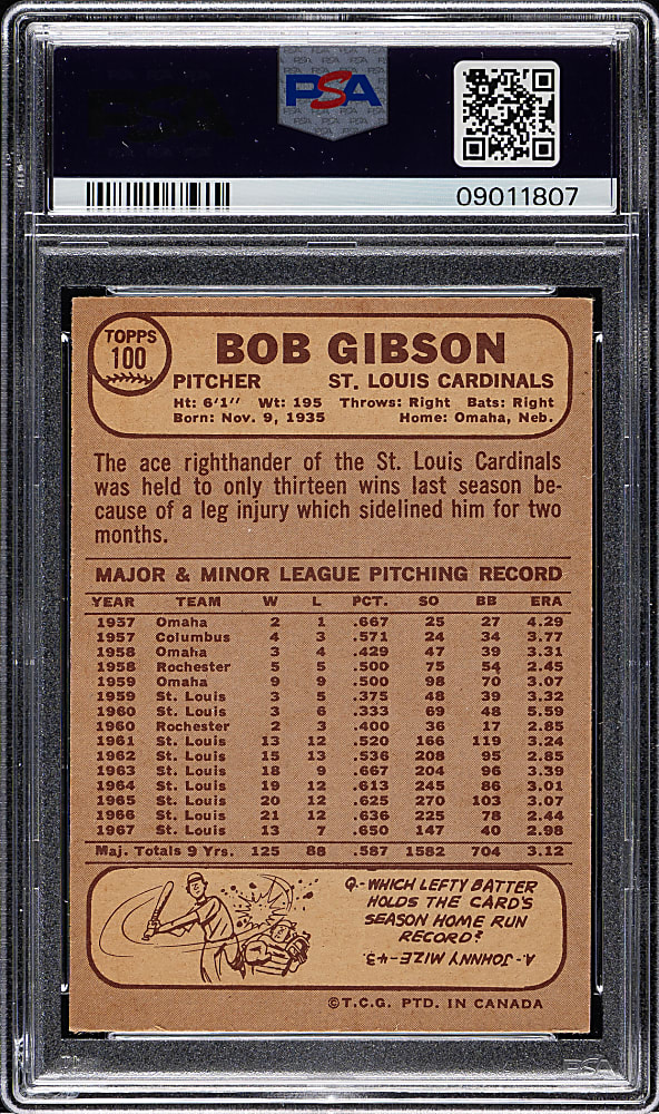 1968 O-Pee-Chee #100 Bob Gibson PSA NM-MT 8