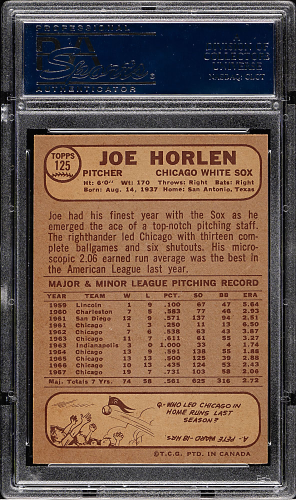 1968 O-Pee-Chee #125 Joe Horlen PSA MINT 9
