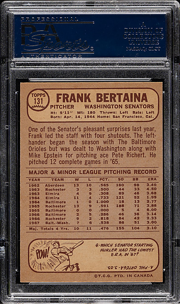 1968 O-Pee-Chee #131 Frank Bertaina PSA MINT 9