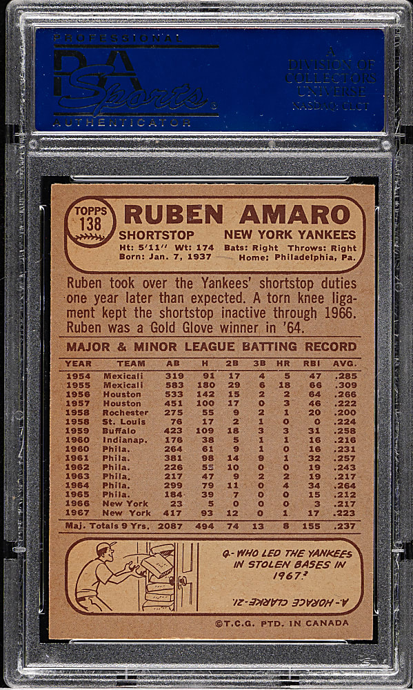 1968 O-Pee-Chee #138 Ruben Amaro PSA MINT 9