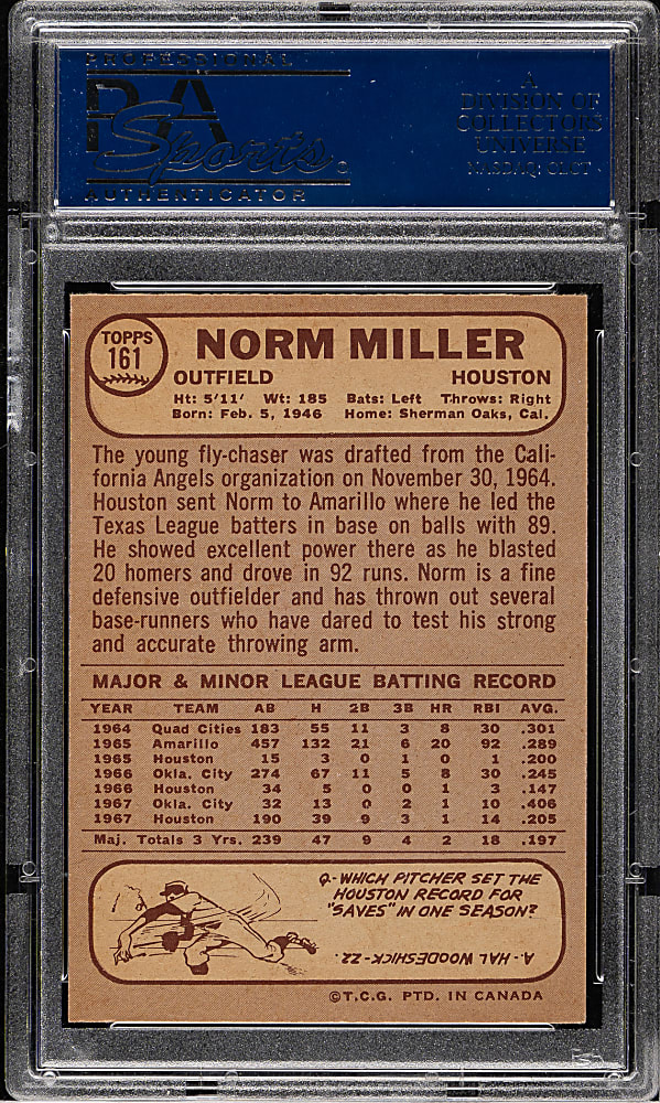 1968 O-Pee-Chee #161 Norm Miller PSA MINT 9