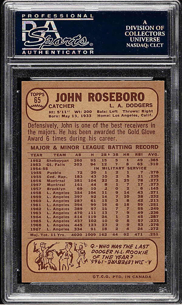 1968 O-Pee-Chee #65 John Roseboro PSA MINT 9