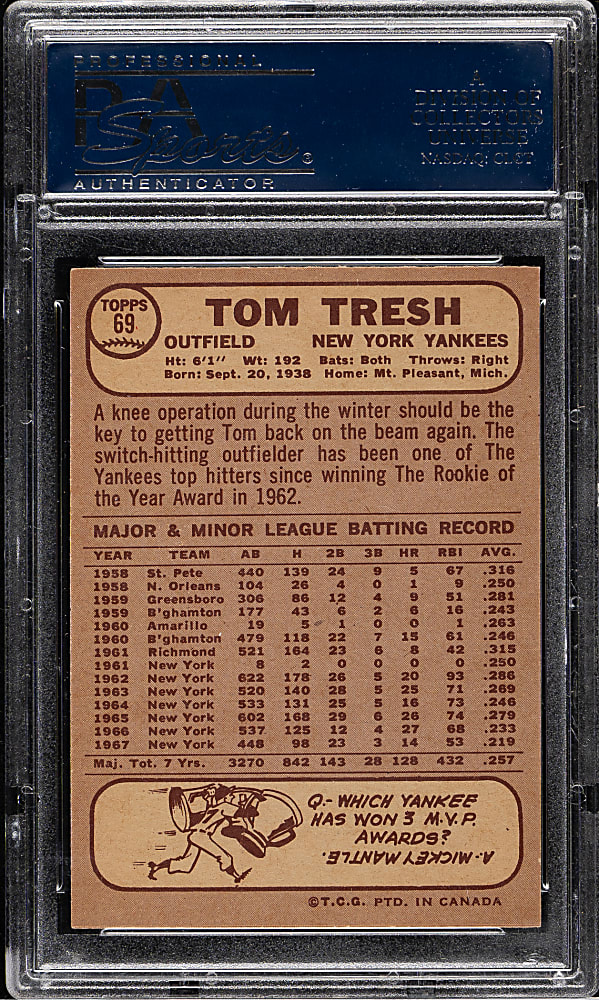 1968 O-Pee-Chee #69 Tom Tresh PSA MINT 9