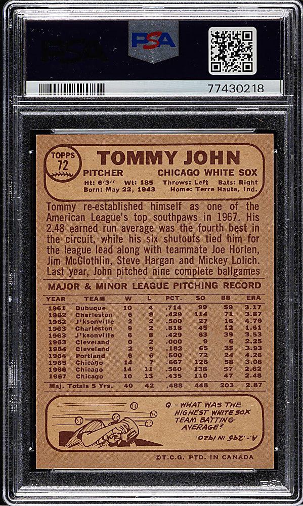 1968 O-Pee-Chee #72 Tommy John PSA MINT 9