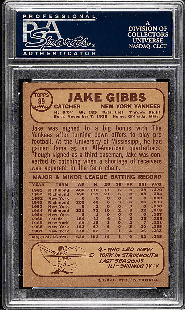 1968 O-Pee-Chee #89 Jake Gibbs PSA MINT 9