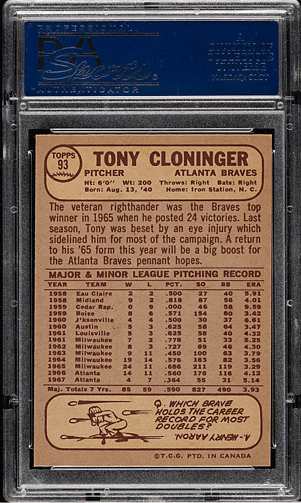 1968 O-Pee-Chee #93 Tony Cloninger PSA MINT 9