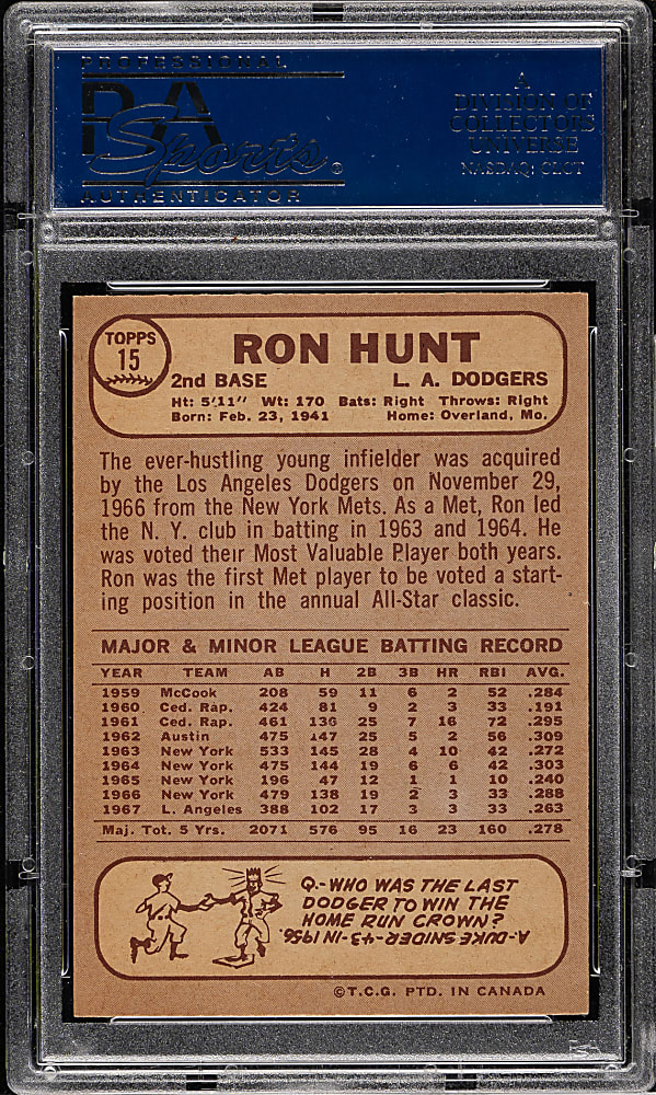 1968 O-Pee-Chee #15 Ron Hunt PSA MINT 9