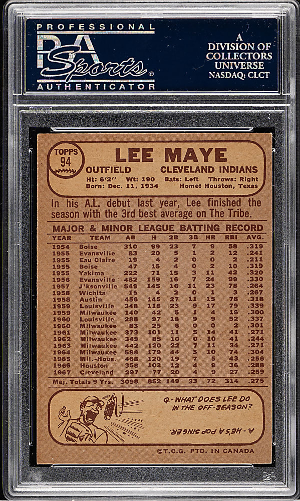 1968 O-Pee-Chee #94 Lee Maye PSA MINT 9