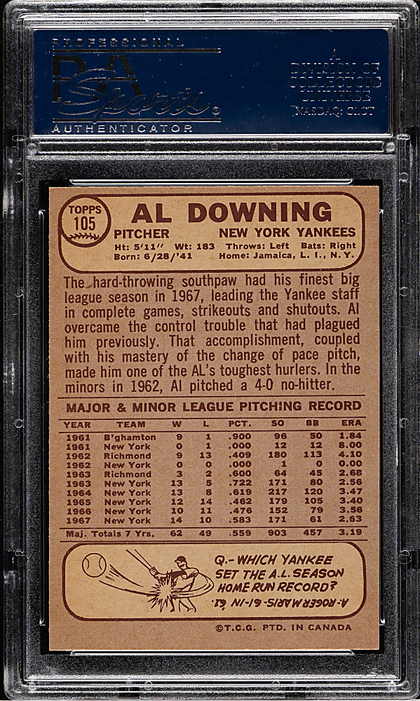 1968 O-Pee-Chee #105 Al Downing PSA MINT 9