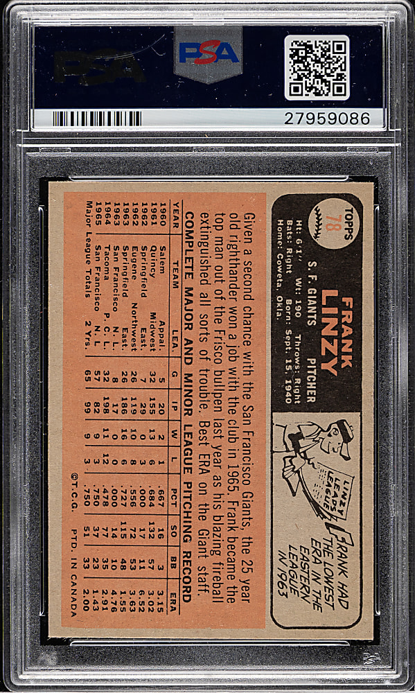 1966 O-Pee-Chee #78 Frank Linzy PSA MINT 9