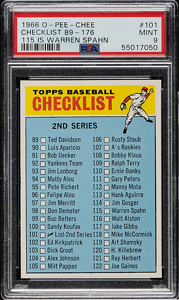 1966 O-Pee-Chee #101 Checklist 89-176 PSA MINT 9