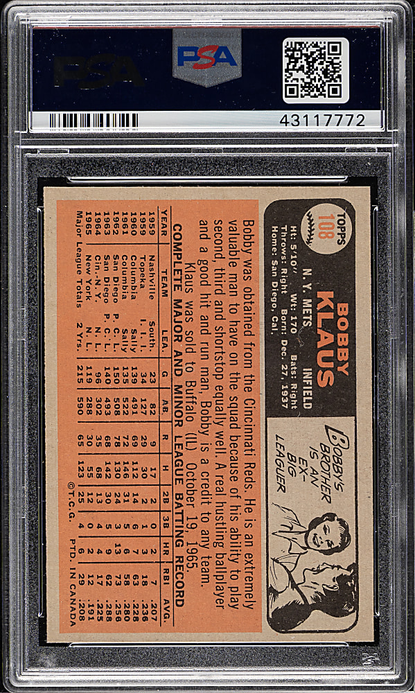 1966 O-Pee-Chee #108 Bobby Klaus PSA MINT 9