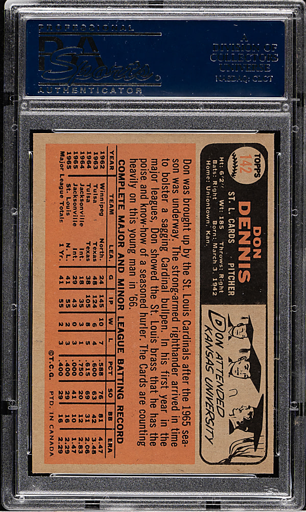 1966 O-Pee-Chee #142 Don Dennis PSA MINT 9