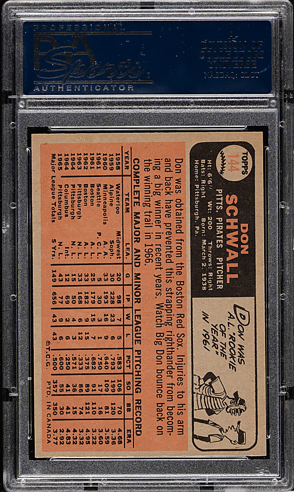 1966 O-Pee-Chee #144 Don Schwall PSA MINT 9