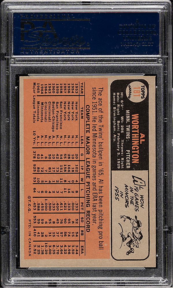 1966 O-Pee-Chee #181 Al Worthington PSA MINT 9