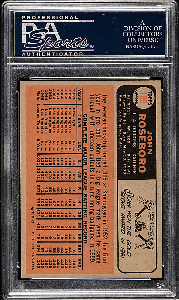 1966 O-Pee-Chee #189 John Roseboro PSA MINT 9