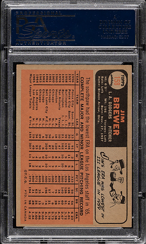 1966 O-Pee-Chee #158 Jim Brewer PSA MINT 9
