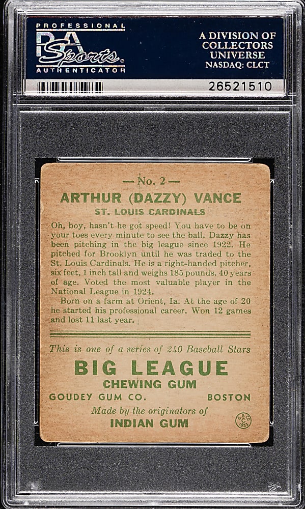 1933 R319 Goudey #2 Dazzy Vance PSA GOOD 2 (MK)