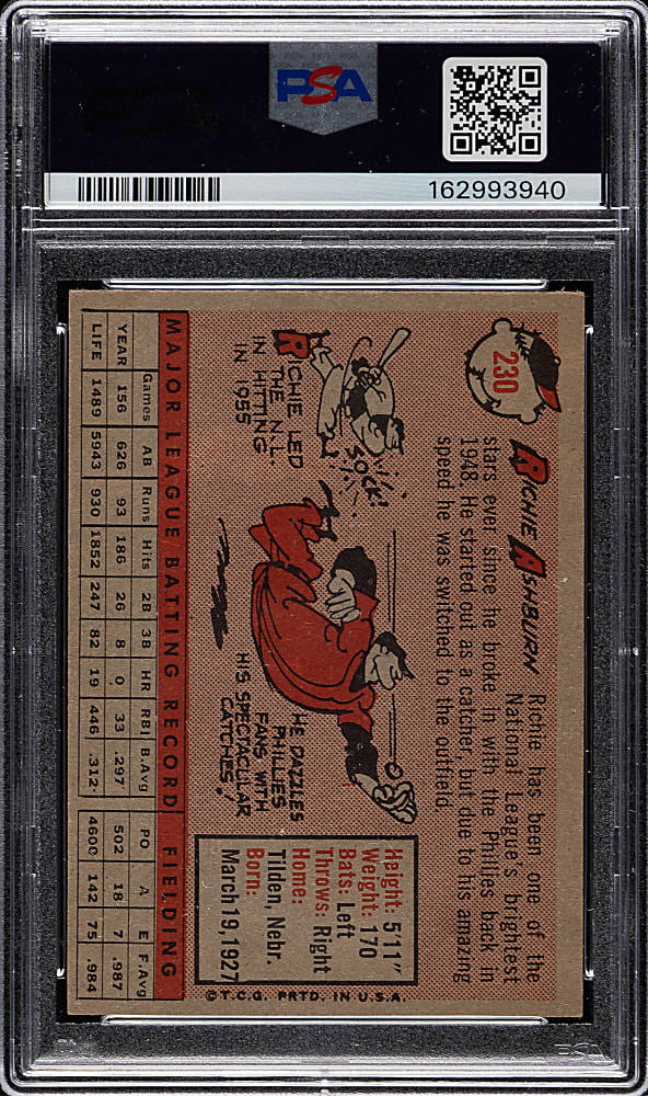 Signed 1958 Topps #230 Richie Ashburn PSA EX-MT 6 with GEM MINT 10 Signature