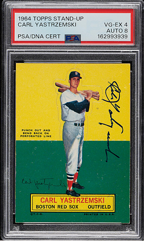 Signed 1964 Topps Stand-Up Carl Yastrzemski Short Print PSA VG-EX 4 with NM-MT 8 Signature