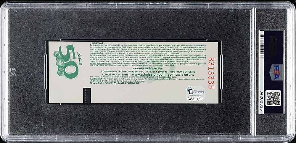 August 6, 1999 Montreal Expos (vs. San Diego Padres) Full Ticket Signed by Tony Gwynn - Tony Gwynn 3,000th Hit - PSA/DNA