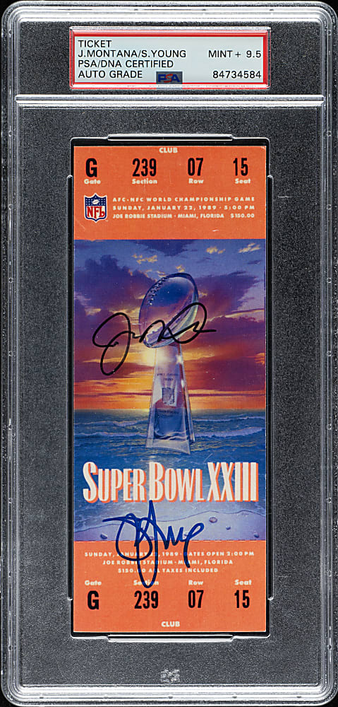 1989 Super Bowl XXIII Full Ticket Signed by MVP Joe Montana and Steve Young PSA/DNA MINT+ 9.5